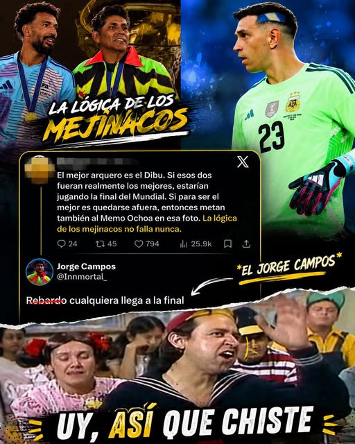 iqsolita's tweet photo. ¡JORGE CAMPOS NO SE QUEDÓ CALLADO! 😂
Durante un encuentro con Vozinha, histórico arquero de Cabo Verde, Jorge Campos compartió un momento con quien muchos consideran una leyenda bajo los tres postes.
Sin embargo, en redes sociales un usuario argentino aseguró que, si ambos fueran los mejores de la historia, habrían disputado una final del Mundial, y afirmó que para él el verdadero arquero legendario es Dibu Martínez.
La respuesta de Jorge Campos no tardó en llegar y rápidamente se volvió viral entre los aficionados.