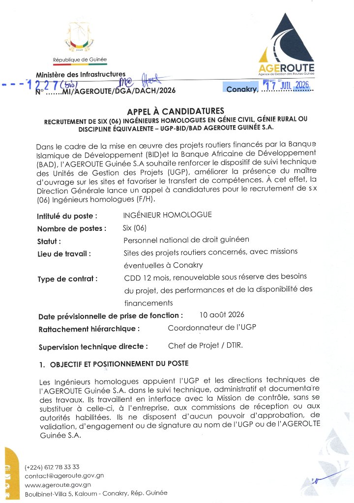Guineematin's tweet photo. 🚨📢 APPEL À CANDIDATURES : RECRUTEMENT DE SIX (06) INGÉNIEURS HOMOLOGUES EN GÉNIE CIVIL, GÉNIE RURAL OU DISCIPLINE ÉQUIVALENTE – UGP-BID/BAD AGEROUTE GUINÉE S.A.

Les détails ⤵️ 
https://t.co/HPYqapm0u8 https://t.co/dDCEHgja8B