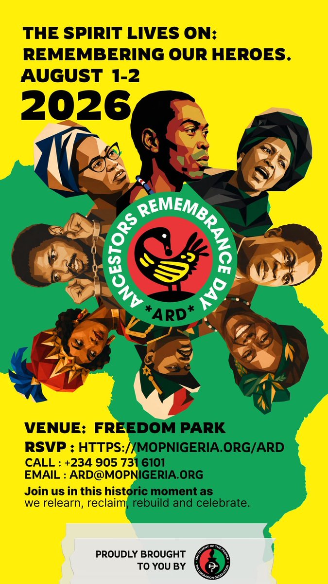 RealSeunKuti's tweet photo. The Movement Of the People calls on the entire public to join us at Freedom Park, Lagos Island, as we remember and honour our ancestors who fought the Oppressors and their System in their Time. 

Let's learn from their courage, and build a better nation

#liberationgeneration https://t.co/zII9szSVT4