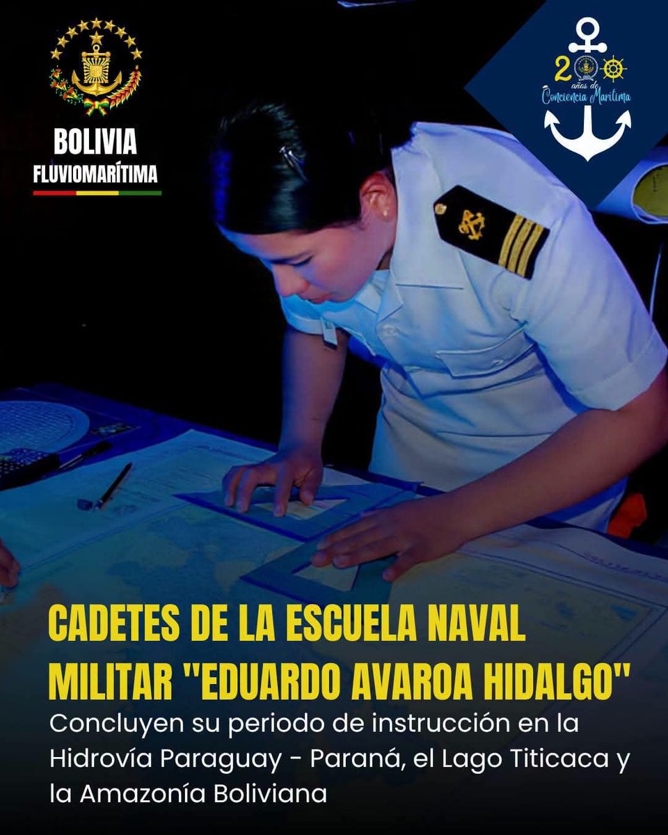 ArmadaBoliviana's tweet photo. ⚓🇧🇴 ¡Tres escenarios. Un solo objetivo: formar a los futuros Oficiales Navales de Bolivia!

Los Cadetes de la Escuela Naval Militar "Eduardo Avaroa Hidalgo" concluyeron su período de instrucción en la Hidrovía Paraguay–Paraná, el Lago Titicaca y la Amazonía Boliviana. https://t.co/Rpczfj96J5