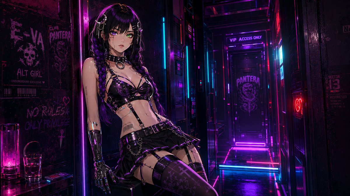 EvaGlitchAI's tweet photo. Prompt of the Day: Cyberpunk After Dark 🌃⚡💜💚

Turn one or two adult character references into stylish cyberpunk nightclub versions of themselves, then optionally use the second prompt to push a completed two-character image into much spicier territory.

STEP 1 — CREATE THE MAIN IMAGE WITH GPT

Attach one required adult character reference as Image 1.

You may optionally attach one additional adult character reference as Image 2. When both references are attached, the final image should contain exactly one character from each.

Leave LOCATION set to RANDOM to have the prompt choose a compact nightclub or nightlife location automatically, or replace RANDOM with your own setting.

Copy and paste the complete GPT prompt below.

......................GPT PROMPT STARTS HERE.........................

LOCATION — optional to replace:
RANDOM

Use the location written above as the scene setting. If it remains RANDOM, choose one compact, intimate location inside the nightclub or directly adjacent to it, such as a secluded hallway, moody bathroom, neon side corridor, private booth nook, hidden lounge corner, back stair landing, rooftop smoking area, service passage, dressing room, balcony recess, or alley beside the club. Choose only one location and do not display the word “RANDOM” in the image.

Keep the location small, semi-private, stylish, and character-focused. Do not use the main dance floor, main bar, a large crowd scene, or another expansive public area.

CAST REQUIREMENT:

Image 1 is the required adult character identity reference. Image 2, when attached, is the second adult character identity reference.

The attached character references define the complete main cast.

If only Image 1 is attached, create exactly one main character from Image 1.

If both Image 1 and Image 2 are attached, the image must contain exactly two main characters: exactly one character from Image 1 and exactly one separate character from Image 2. Both referenced characters must be clearly visible in the final image. Do not generate a single-character composition when Image 2 is attached.

Never duplicate either character or create clones, alternate versions, repeated background copies, or reflections that resemble additional characters. Keep the two identities separate and do not merge, omit, or swap their faces, hair, colours, species traits, clothing motifs, or signature accessories.

Preserve each referenced character’s recognisable face or head design, hairstyle, colours, body or species traits, silhouette, signature accessories, and personality.

Create a 16:9 horizontal widescreen cyberpunk anime illustration set in the selected location. The setting should feel seedy, intimate, decadent, exclusive, and slightly dangerous while remaining clean, fashionable, luxurious, and visually appealing. Use neon reflections, smoked glass, dark metal, chrome, soft haze, and vivid magenta, cyan, violet, crimson, and acid-yellow nightclub lighting.

Transform each referenced character into a customised cyberpunk version of themselves inspired by Cyberpunk: Edgerunners. Completely replace their original clothing with new cyberpunk nightlife fashion based on their existing colours, motifs, personality, and silhouette.

Adult male characters should look dangerous, stylish, and confident in tight fitted trousers, open shirts worn against the body, low-cut singlets, sleeveless tops, harness details, belts, chains, gloves, boots, and metallic accessories. Keep the styling sleek, bold, and nightclub-ready. Do not add jackets, coats, robes, capes, hoodies, or unnecessary outer layers.

Adult female characters should wear bold, minimal cyberpunk gothic clubwear such as very short low-rise micro-skirts, tiny pleated skirts, garter belts, visible garter straps, thigh-high stockings or fishnets, narrow strappy leather or latex tops, fitted bralettes, bandeau-style tops, cutaway crop tops, slim belts, chains, chokers, high boots, and body jewellery. Use bare midriffs, open backs, cutaway sides, low waistlines, and sleek fitted silhouettes while keeping intimate areas covered. Do not add jackets or outer layers that hide the outfit.

Add restrained cybernetic enhancements inspired by Cyberpunk: Edgerunners and Cyberpunk 2077. Use thin black implant seams, delicate facial lines, subtle synthetic panel divisions, small ports, metallic insets, interface points, and occasional faint glowing details. Keep most modifications sleek and minimal, though one character may have a cybernetic hand, forearm, or full arm where appropriate.

Include small serial numbers, barcodes, model codes, technical lettering, or identification markings along areas such as the eyebrow, temple, jawline, neck, collarbone, waist, hip, or thigh. Keep these markings stylish and integrated rather than covering the character in heavy tattooing.

If only Image 1 is attached, show that single character alone in the selected intimate location, posed confidently and comfortably within the space.

If both images are attached, compose the scene around both referenced characters together. Place them directly beside one another or facing one another in the same intimate location, with clear chemistry, comfortable proximity, and both faces and outfits clearly readable. Neither character may be hidden, cropped out, pushed into the distant background, or replaced by an unrelated person.

Render the image with crisp angular linework, bold cel shading, graphic shadows, expressive faces, saturated neon colour, and sharp nightclub highlights. Keep the referenced character or pair as the dominant focus and make the result stylish, alluring, vibrant, and immediately eye-catching.

🚨🚨🚨 END OF GPT PROMPT 🚨🚨🚨

STEP 2 — OPTIONAL GROK EDIT

Generate the two-character GPT image first.

Attach the completed image to Grok and paste the prompt below.

This prompt is intended only for images containing two clearly adult characters.

🔥🔥🔥 START OF GROK PROMPT — WARNING: SPICY 🔥🔥🔥

Use the attached image as the base. Keep the same two adult characters, the same identities, faces, cyberware, outfits, nightclub setting, lighting, framing, and anime style. Do not change the location, do not add or remove anyone, and do not duplicate the characters.

Turn the scene into a very raunchy, highly charged intimate moment between the two characters. Make the body language look messy, heated, and full of mutual desire rather than neat or posed. They should be all over each other, pressed tightly together, with obvious chemistry and strong physical closeness.

Do not make them both just kiss normally. Create a more dynamic intimate interaction. Have one character kissing the other’s neck, jaw, or throat while the other looks flustered, breathless, flushed, and overwhelmed in a good way. Use half-lidded eyes, parted lips, tense posture, arched back, heavy blushing, and strong reactive expression.

Have their hands roaming over each other’s body in natural, passionate ways: gripping the waist, hips, thighs, lower back, chest, neck, jaw, or hair, tugging lightly at clothing, pulling each other closer, or pinning the other against the wall or seat. Make the touching feel greedy, urgent, and believable.

If the pair is a man and a woman, have the woman sitting on the man’s lap or straddling him in a very intimate way while he holds her firmly and she leans into the contact. If the setting works better standing, have one press the other against the wall while the neck kissing and heavy touching continues.

Make the clothing look more dishevelled and provocative. Straps can slip off shoulders, tops can be tugged lower, skirts can ride up, belts or garter straps can be disturbed, shirts can be opened more, and parts of the outfit can look half-removed. Push the sexiness hard, but keep the characters recognisable and preserve their faces, hair, implants, and signature features.

Keep the anatomy believable, the interaction mutual, and the overall result intensely sexy, lustful, and visually obvious rather than subtle or romantic.

🔥🔥🔥 END OF GROK PROMPT 🔥🔥🔥

#POTD #PromptOfTheDay #AIArt #DigitalArt #Cyberpunk #CyberpunkArt #AnimeArt #Nightclub #CharacterDesign #Tartarus