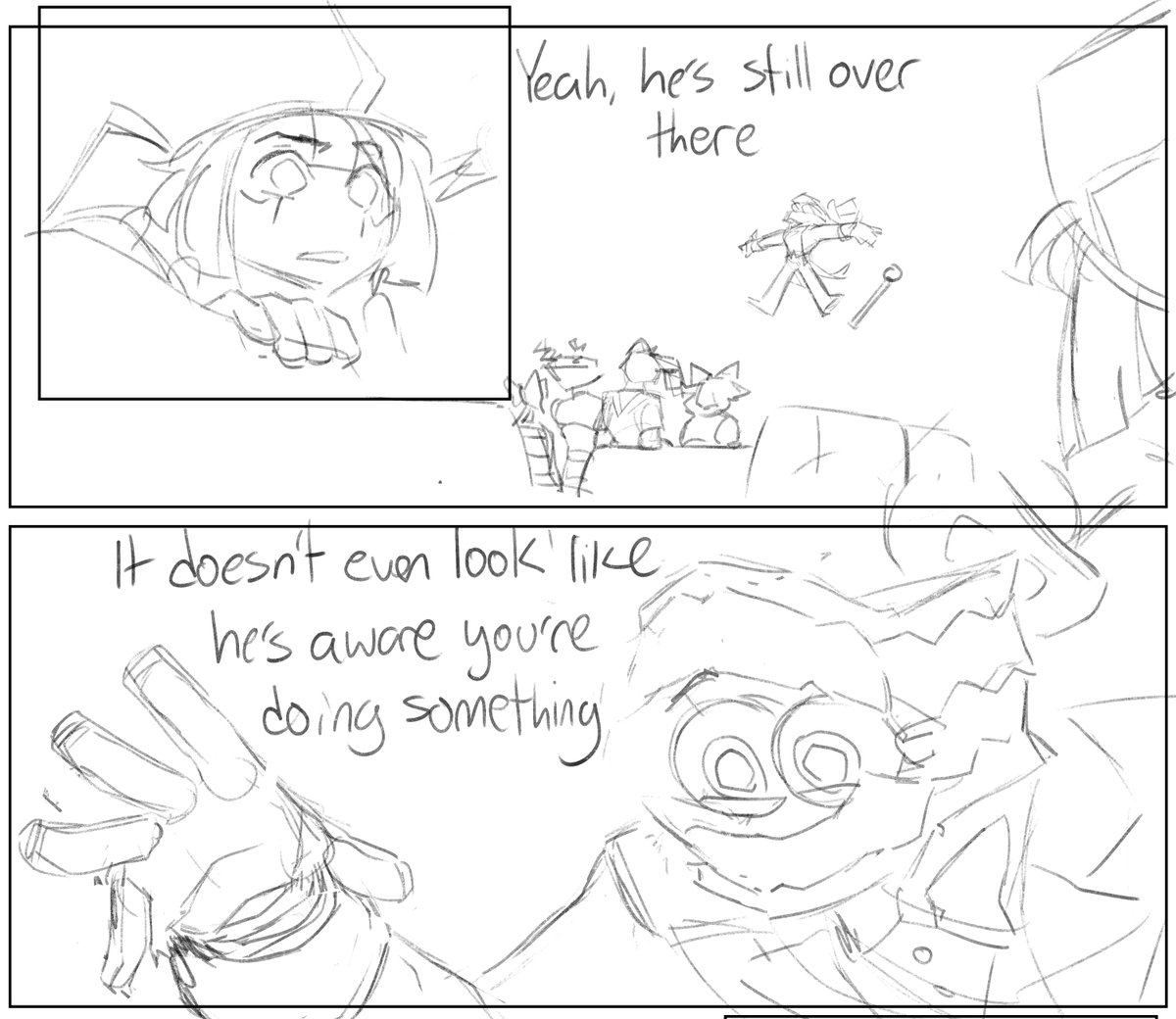 katzebruh's tweet photo. Little sneak peek of a scene in chapter 2 of backup since I finished sketching it out
Caine has no idea man https://t.co/bzWUX9DhEE