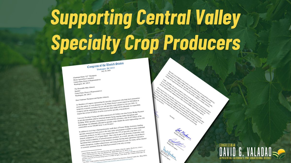 RepDavidValadao's tweet photo. I was proud to join @RepMoolenaar and 24 of my colleagues in urging additional specialty crop assistance for our nation's producers. Strengthening support for our farmers helps provide stability for domestic supply chains, gives growers greater certainty as they navigate rising input and labor costs, and reinforces our nation's food security, and I'm proud to help lead this effort.

Read more: https://t.co/Npj2Ms7hz0