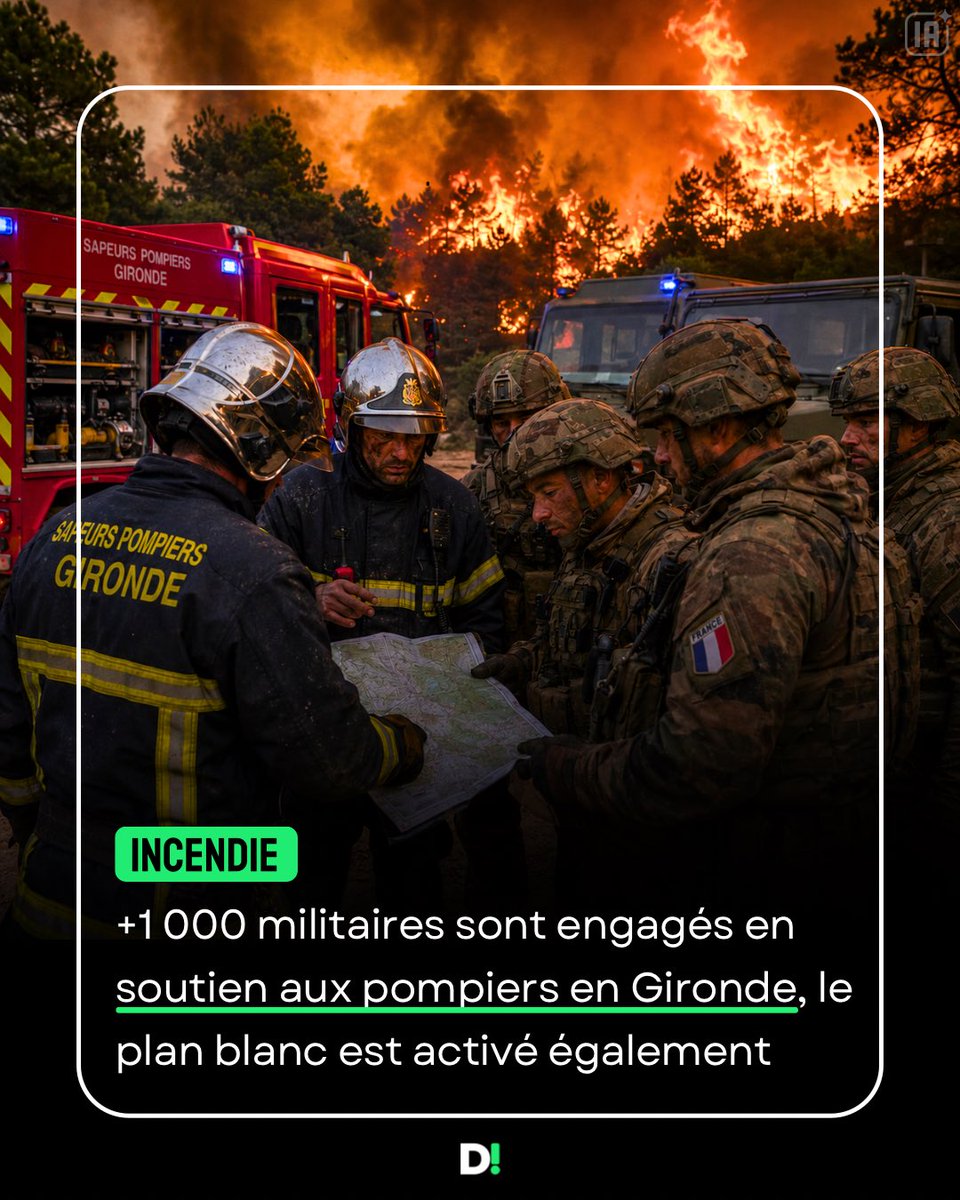 ledecryptage_fr's tweet photo. 🚨 FLASH | +1 000 militaires sont engagés en soutien aux pompiers en Gironde, le plan blanc est activé également. #FeuxDeForêt https://t.co/u1f4PooWaD