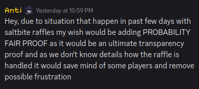 ayafarmaYA's tweet photo. @AntitheiNFT, Anti on #SunflowerLand #Discord, came up with a great idea of adding probability fair proof, as there are no known details how a raffle is handled in the "game" - up for constructive criticism. I'll back it up in case it magically disappears.. https://t.co/RoEkzRxKWX