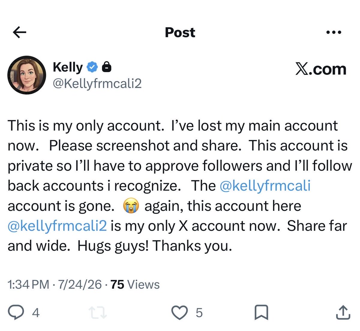 OneSaltyGrandma's tweet photo. Another friend that is starting over. Here is Kelly’s new account for anyone that was following her @Kellyfrmcali2 https://t.co/ipl3cboYJS