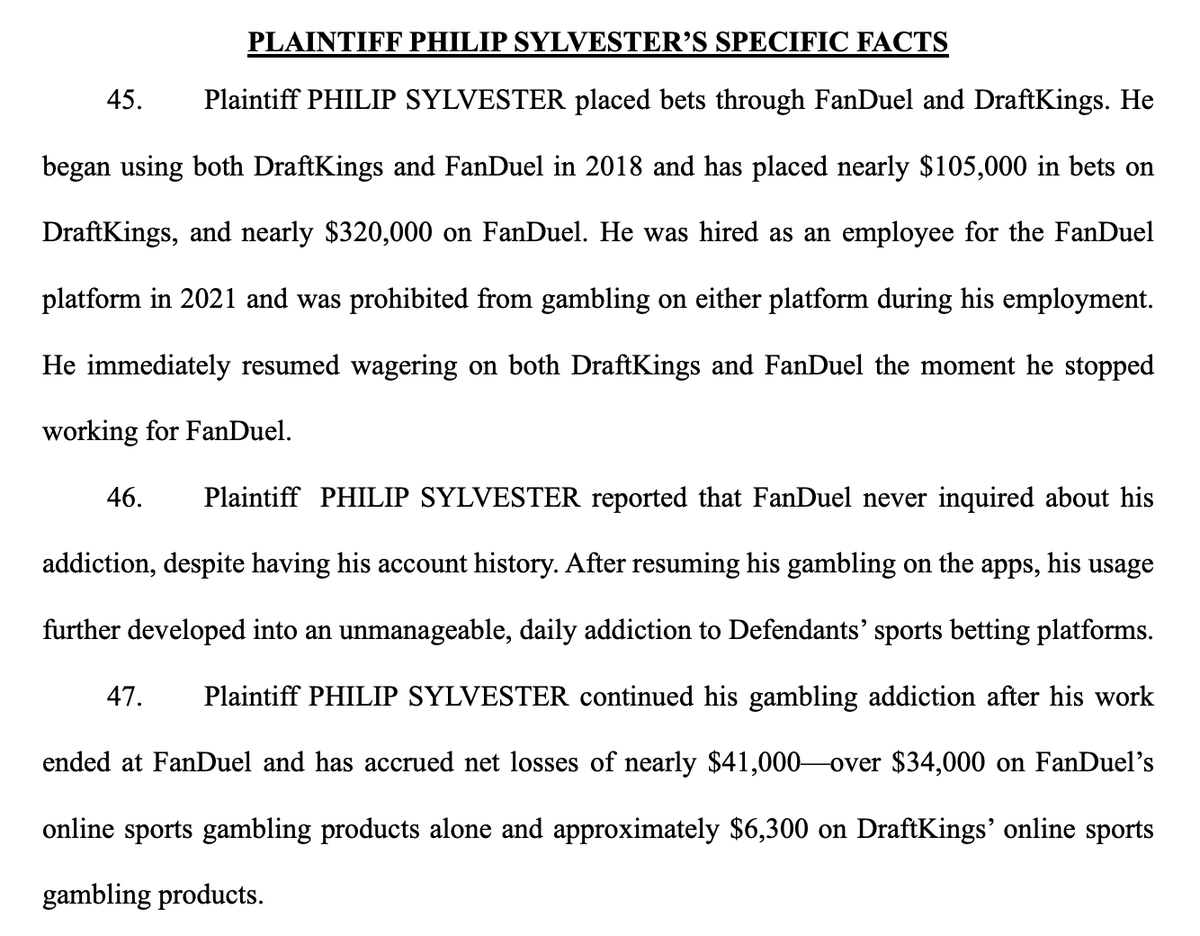 GamblingHarmOrg's tweet photo. UNUSUAL LAWSUIT: Ex-FanDuel employee sues company, claiming he lost $34,000 on FanDuel and his former employer knew he was addicted. 

The lawsuit was filed in NJ this week. https://t.co/GXFIaX5Aj9