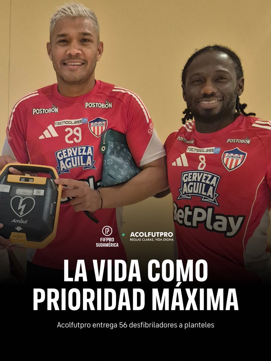 FIFProAmerica's tweet photo. Entornos de trabajo seguros para nuestros futbolistas en Colombia 🇨🇴

@ACOLFUTPRO se encuentra entregando 56 desfibriladores a todos los planteles masculinos y femeninos del país, acompañados de capacitaciones en RCP y uso del equipo médico para jugadores y cuerpos técnicos.

https://t.co/rrf26kNjnM

@fifpro @conmebol