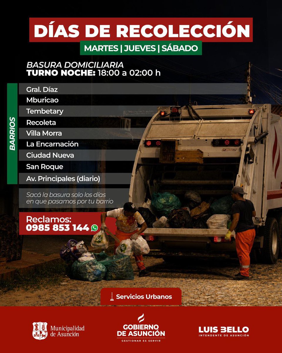 AsuncionMuni's tweet photo. 🚛📍Compartimos los días y horarios en que se realiza la recolección de residuos domiciliarios, según la zona correspondiente de cada barrio. ⬇️ https://t.co/AM6HGvmfth