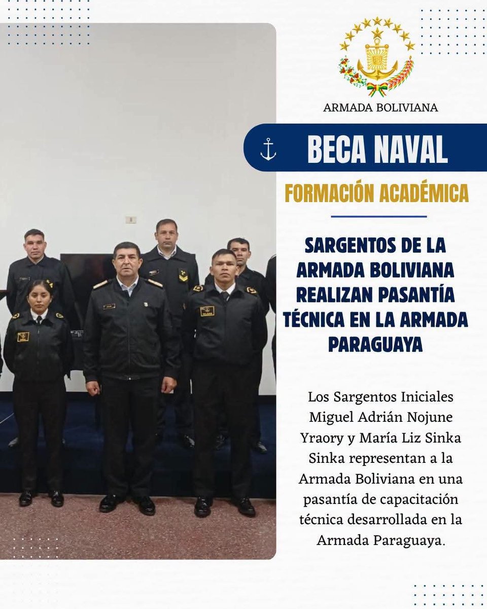 ArmadaBoliviana's tweet photo. 🛠️🇧🇴 Dos Sargentos de la #ArmadaBoliviana realizan una pasantía técnica en la Armada Paraguaya, fortaleciendo sus conocimientos en mantenimiento, reparación y construcción de unidades navales.

🤝 Cooperación internacional al servicio del fortalecimiento institucional. https://t.co/63yDpB03cU