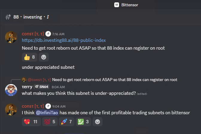 Investing88ai's tweet photo. Looking forward to Root Reborn.

Today, only 18% or 2M Tao is in subnets. The remaining 9M+ is on root or free-floating.

For perspective, the US stock market is roughly $100 trillion, while M2 – the broad money supply analogous to root/free Tao, is around $20 trillion.

Anything that helps move Tao into subnets strengthens the dTao economy.

#SN88 #Bittensor $TAO 🚀