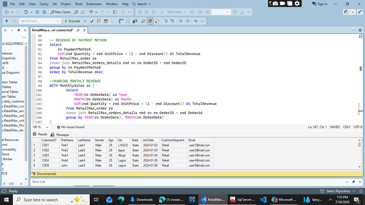 umoses11's tweet photo. Day by day, query by query. 💻 Today I completed another milestone in my Data Analytics journey by building and analyzing a RetailMax database in SQL Server. From database design to business insights, every challenge taught me something new. On to the next project https://t.co/5OfhhHZnZG