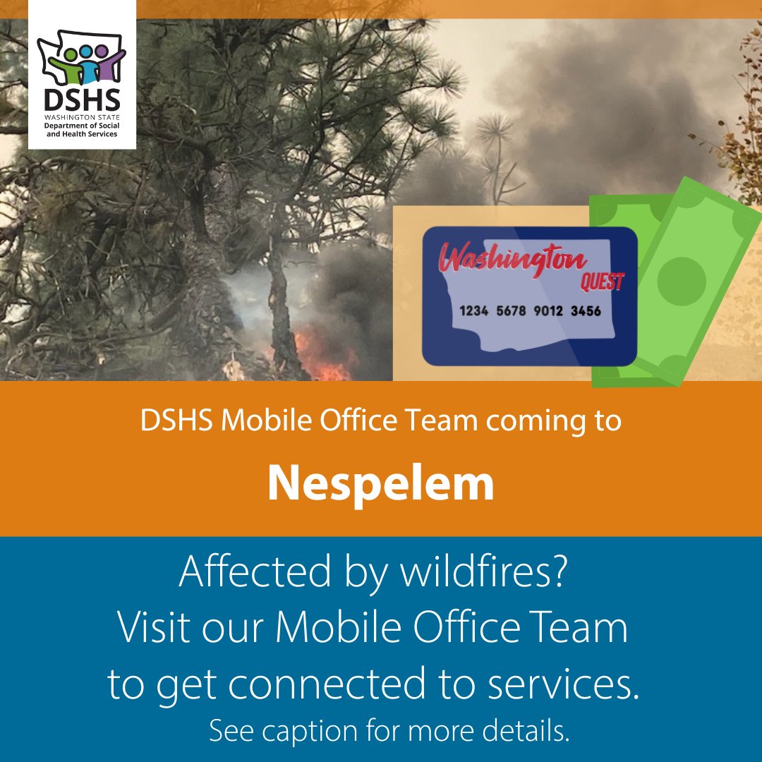 waDSHS's tweet photo. UPDATE: Are you affected by wildfires in #Okanogan County? Our Mobile Office Team is coming to Nespelem 9 a.m. - 4 p.m. Saturday, July 25 and Sunday, July 26. Please stop by to get connected with services.

Note: If you live in Asotin, Chelan, Douglas, Ferry, Garfield, Grays Harbor, Kittitas, Lincoln, Mason, Okanogan, Pend Oreille, Stevens, Walla Walla or Yakima counties -- including Tribal communities within these counties -- and lost food due to wildfires or power outages that began on June 27, 2026, you have until Wednesday, July 29, 2026 to file a claim. In other counties, you have 10 days from the date of loss to file a claim.

9 a.m. - 4 p.m.
Saturday, July 25 and Sunday, July 26

12 Lakes St.
Nespelem, WA
99155

#KaiserCanyonFire #DSHSMobileOffice #SupportCareResources #PartneringWitheople #Nespelem