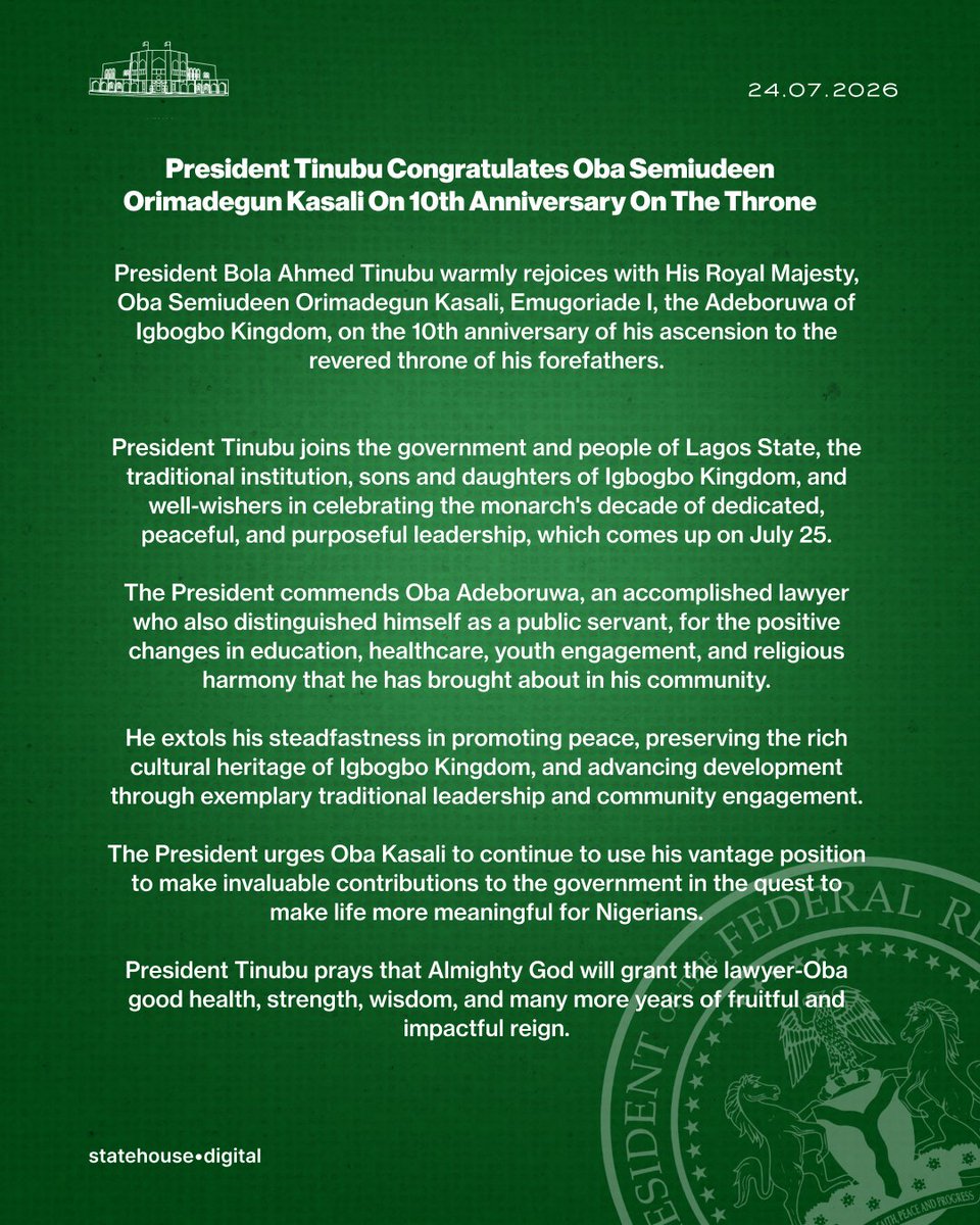 NGRPresident's tweet photo. President Tinubu Congratulates Oba Semiudeen Orimadegun Kasali On 10th Anniversary On The Throne. https://t.co/RJrrQ3T2pt