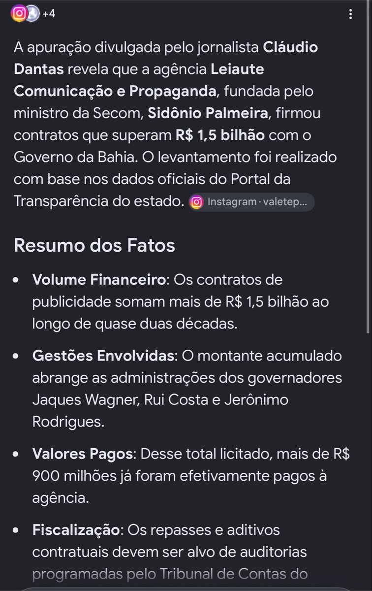 R38TAO's tweet photo. Agência de Sidônio, ministro de Lula, fechou contratos de 1.5 BILHÕES só com o governo da Bahia (20% do orçamento).

Mensalão foi assim. Marcos Valério conseguia contratos milionários que custavam mixaria e pegava a diferença e pagava mensalinho a deputados.

Gastos com publicidade e shows são coisas completamente subjetivas - por isso deveriam ser gastos proibidos de ser feitos por governos.

Enquanto a maioria achar normal dinheiro de governo ser gasto em propaganda ou dando milhões a artistas, Brasil sempre vai ser isso ai.

Ele vai ser preso? Vai responder processo? Como não financiar isso?