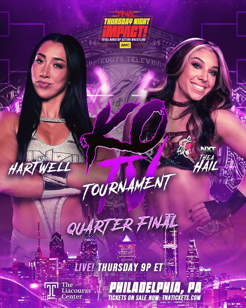 ThisIsTNA's tweet photo. The second round of the Knockouts Television Title tournament begins as @indi_hartwell faces @WWENXT's @theahail_wwe THURSDAY at 9/8c LIVE on @AMC_TV, @AMCPlus and TNA+, and 8pm ET on @Sportsnet 360 from the Liacouras Center in Philadelphia. #TNAiMPACT https://t.co/h7BhhsWaiL