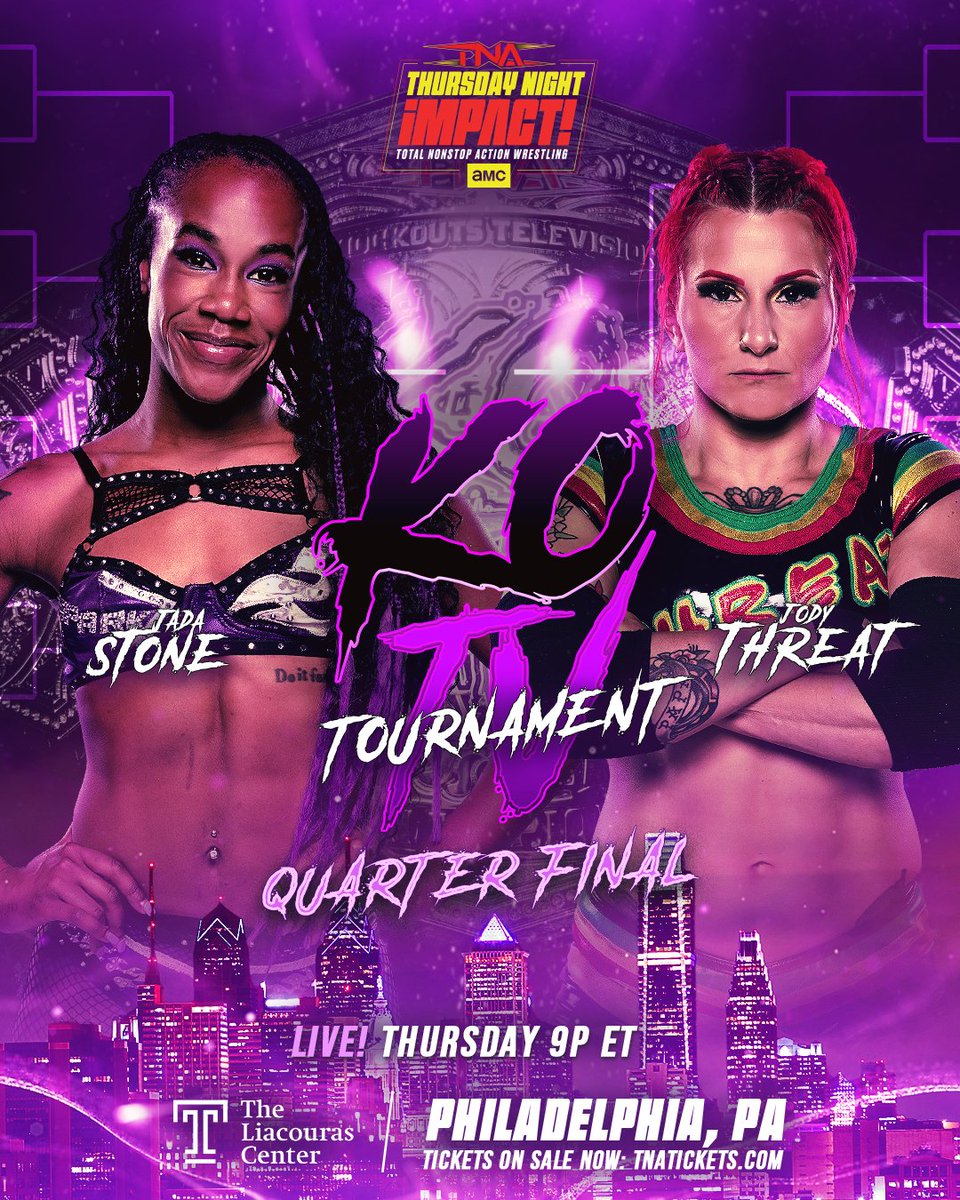ThisIsTNA's tweet photo. .@JadaStoneee and @JodyThreat face off in the second round of the Knockouts Television Title tournament THURSDAY at 9/8c LIVE on @AMC_TV, @AMCPlus and TNA+, and 8pm ET on @Sportsnet 360 from the Liacouras Center in Philadelphia. #TNAiMPACT https://t.co/u0eyiHFCZK