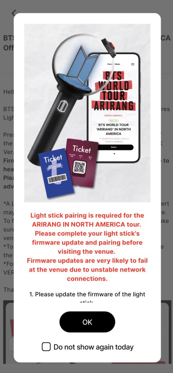 AudrieOT7's tweet photo. I opened my lightstick app to find this pop up and instructions to update the firmware on the ARMY bomb so it can be paired to your seat. It recommends that you do this before the concert, and remember that this is only for Ver 4.

I've included screenshots of the instructions 💜 https://t.co/WSH6AklCGF
