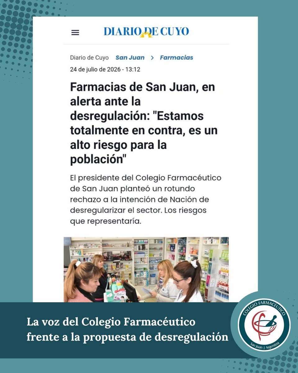 COLFASanJuan's tweet photo. 📢 El Colegio Farmacéutico de San Juan fijó su postura frente al proyecto de desregulación de farmacias.

📰 Leé la nota completa en Diario de Cuyo:

🔗 https://t.co/6sOk60Armc https://t.co/4F0yZWauFw