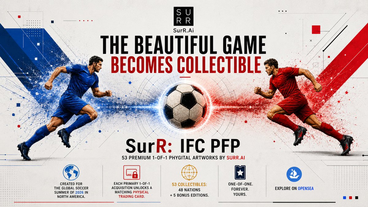 SurRNFTs's tweet photo. Art + Tech Spotlight Series by https://t.co/dF6rSk0xHW | 17th Edition - The Global Soccer Summer of 2026 https://t.co/hVvIZyGgAg

The Chaos. The Clock. The Collectible Record.
https://t.co/Z8FuH0Qyfw 

#FIFA #WorldCup #Kalshi #Polymarket #ADIPredictstreet #ArtTech https://t.co/3WgxjQBF5e