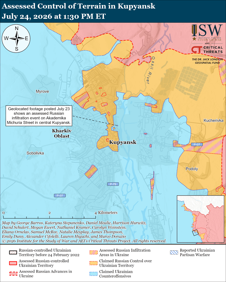 TheStudyofWar's tweet photo. Russian Offensive Campaign Assessment, July 24, 2026: Ukrainian forces appear to have struck at least 10 Wildberries warehouses (the closest Russian equivalent to Amazon) in Russia and occupied Ukraine in the past week.
Other Key Takeaways:
Intensified Ukrainian strikes against Wildberries facilities may impose additional requirements on Russia’s already-stretched air defenses and will likely increasingly inconvenience Russians who utilize the Wildberries platform.
The Russian Central Bank slightly lowered its key interest rate for the fifth time in 2026 while attempting to portray Russia’s economy as stable in line with recent Kremlin messaging.
Romanian aircraft shot down an unspecified drone in Romanian airspace on July 24, while an overnight explosion damaged a cargo vessel bound for Ukraine off the Romanian coast.
Ukrainian forces continued their long-range strike campaign against Russian energy and logistics assets on July 24. Russian forces launched five Kh-59/69 guided missiles and 180 drones against Ukraine overnight.
Neither Ukrainian nor Russian forces made confirmed advances on July 24.