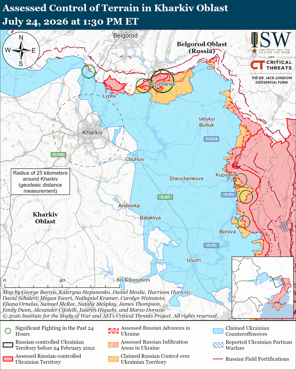TheStudyofWar's tweet photo. Russian Offensive Campaign Assessment, July 24, 2026: Ukrainian forces appear to have struck at least 10 Wildberries warehouses (the closest Russian equivalent to Amazon) in Russia and occupied Ukraine in the past week.
Other Key Takeaways:
Intensified Ukrainian strikes against Wildberries facilities may impose additional requirements on Russia’s already-stretched air defenses and will likely increasingly inconvenience Russians who utilize the Wildberries platform.
The Russian Central Bank slightly lowered its key interest rate for the fifth time in 2026 while attempting to portray Russia’s economy as stable in line with recent Kremlin messaging.
Romanian aircraft shot down an unspecified drone in Romanian airspace on July 24, while an overnight explosion damaged a cargo vessel bound for Ukraine off the Romanian coast.
Ukrainian forces continued their long-range strike campaign against Russian energy and logistics assets on July 24. Russian forces launched five Kh-59/69 guided missiles and 180 drones against Ukraine overnight.
Neither Ukrainian nor Russian forces made confirmed advances on July 24.