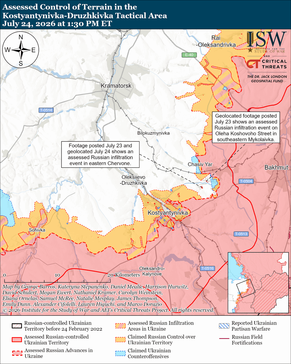 TheStudyofWar's tweet photo. Russian Offensive Campaign Assessment, July 24, 2026: Ukrainian forces appear to have struck at least 10 Wildberries warehouses (the closest Russian equivalent to Amazon) in Russia and occupied Ukraine in the past week.
Other Key Takeaways:
Intensified Ukrainian strikes against Wildberries facilities may impose additional requirements on Russia’s already-stretched air defenses and will likely increasingly inconvenience Russians who utilize the Wildberries platform.
The Russian Central Bank slightly lowered its key interest rate for the fifth time in 2026 while attempting to portray Russia’s economy as stable in line with recent Kremlin messaging.
Romanian aircraft shot down an unspecified drone in Romanian airspace on July 24, while an overnight explosion damaged a cargo vessel bound for Ukraine off the Romanian coast.
Ukrainian forces continued their long-range strike campaign against Russian energy and logistics assets on July 24. Russian forces launched five Kh-59/69 guided missiles and 180 drones against Ukraine overnight.
Neither Ukrainian nor Russian forces made confirmed advances on July 24.