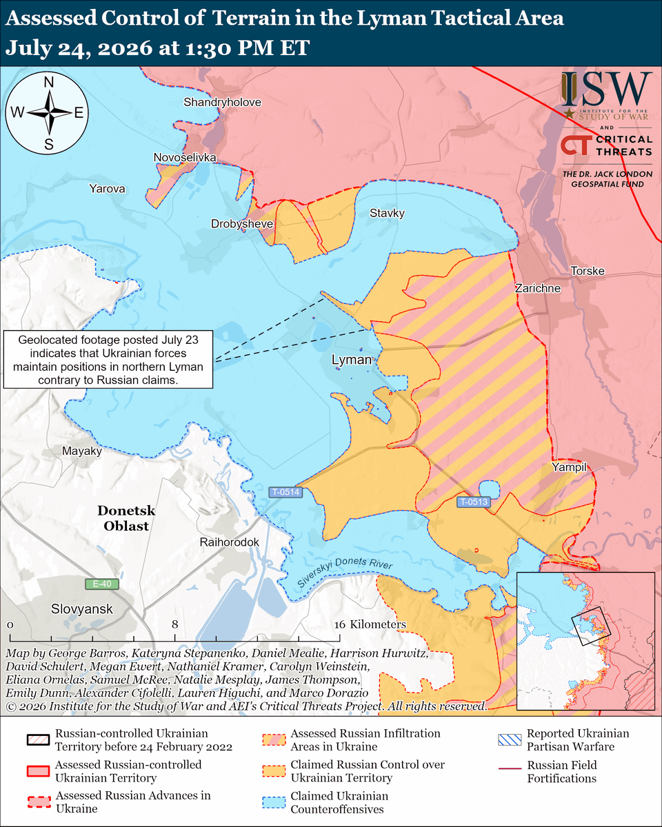 TheStudyofWar's tweet photo. Russian Offensive Campaign Assessment, July 24, 2026: Ukrainian forces appear to have struck at least 10 Wildberries warehouses (the closest Russian equivalent to Amazon) in Russia and occupied Ukraine in the past week.
Other Key Takeaways:
Intensified Ukrainian strikes against Wildberries facilities may impose additional requirements on Russia’s already-stretched air defenses and will likely increasingly inconvenience Russians who utilize the Wildberries platform.
The Russian Central Bank slightly lowered its key interest rate for the fifth time in 2026 while attempting to portray Russia’s economy as stable in line with recent Kremlin messaging.
Romanian aircraft shot down an unspecified drone in Romanian airspace on July 24, while an overnight explosion damaged a cargo vessel bound for Ukraine off the Romanian coast.
Ukrainian forces continued their long-range strike campaign against Russian energy and logistics assets on July 24. Russian forces launched five Kh-59/69 guided missiles and 180 drones against Ukraine overnight.
Neither Ukrainian nor Russian forces made confirmed advances on July 24.
