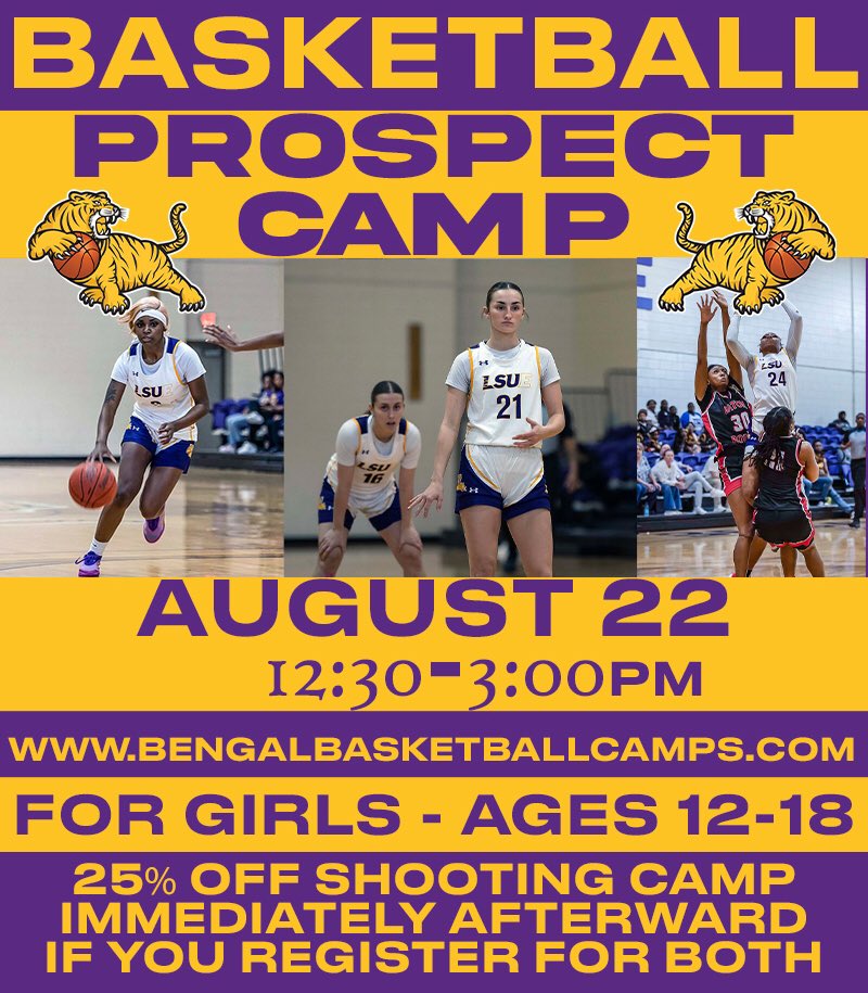 Coach_Beckmann's tweet photo. I would say we recruit our own camps as much, if not more, than any college 🏀 team in the entire state or region. HALF our incoming roster got on our radar & got offers from playing at our past Prospect Camps.

SIGN-UP: https://t.co/R5v2Wmg4K1 | Saturday, August 22 - 12:30-3:00PM | at LSU Eunice - in Eunice, Louisiana - Home of the Back-to-Back Conference Champions 🏆🏆🐯

Our new incoming roster will all be on campus. Along with competing, you’ll get to meet the coaching staff & players. LSU-E has been awarded BOTH Conference Player & Coach of the Year in the past 2 seasons! 🐯🏀💜💛

One time only - we’re holding a LSU-E Shooting Camp immediately afterward. Must Sign-Up for both camps TOGETHER to get 25% OFF the Shooting Camp, which will include on-court workouts, competitions, and film breakdown. Get those shooting %’s up before the season! 📈📈

SHOOTING CAMP - https://t.co/AZJb4zfALq  | Make sure you register for both camps in the same transaction to get this deal of 25% OFF.

Email me with any questions - Head Coach Rob Beckmann | rbeckman@lsue.edu

#FullGeaux
#AllGeauxNeauxBrakes
@LSUEBengalsWBB
@LSUEBengals
@LSUEunice