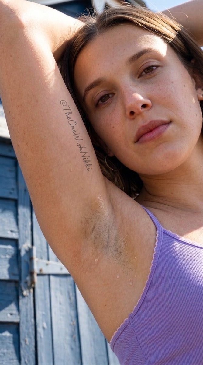 TheOneWishNikki's tweet photo. Nobody does natural, unbothered glow like Millie Bobby Brown, embracing her sweat and showing off her smooth, pretty, glorious, perfect, tasty, delicious, scrumptious armpits with total confidence! #MillieBobbyBrown https://t.co/5PVcesratY