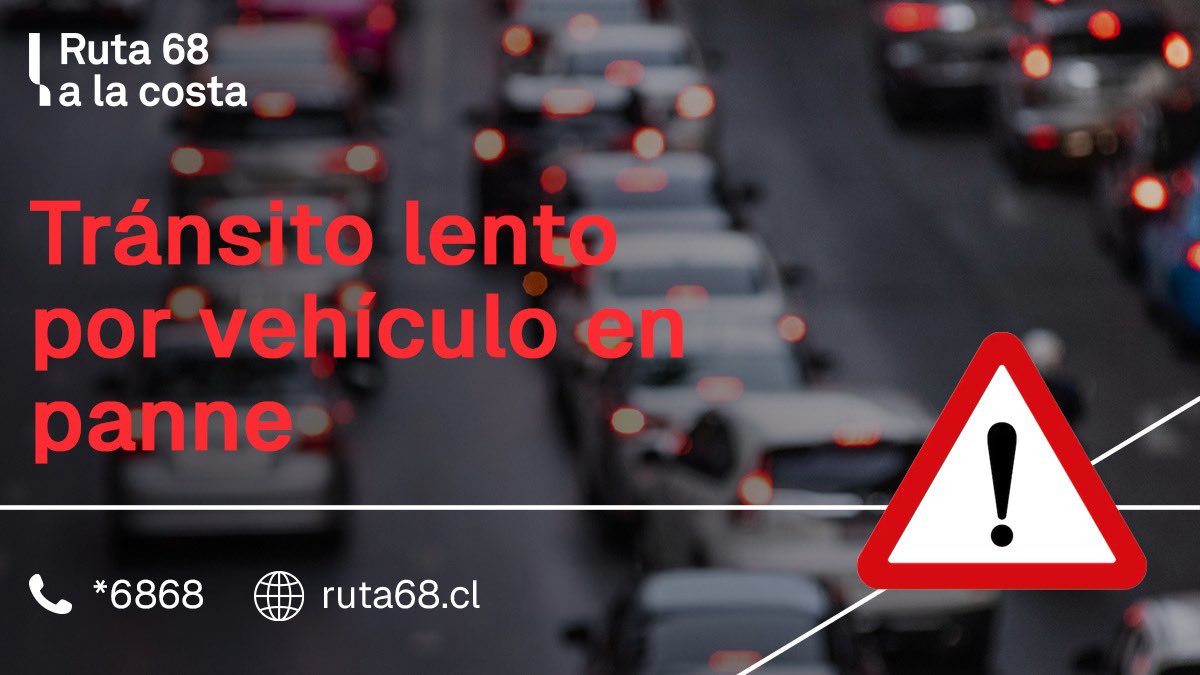 Ruta68cl's tweet photo. 🔴 [INFORMACIÓN #VíaLasPalmas] A esta hora se registra tránsito lento desde el km. 6,4, sector #Chorrillos con dirección a #Santiago por vehículo mayor detenido.  Conduzca con precaución. @mop_chile @radiocarab @biobio @TTISantiago @TTIValparaiso https://t.co/NKBfvLYrUk