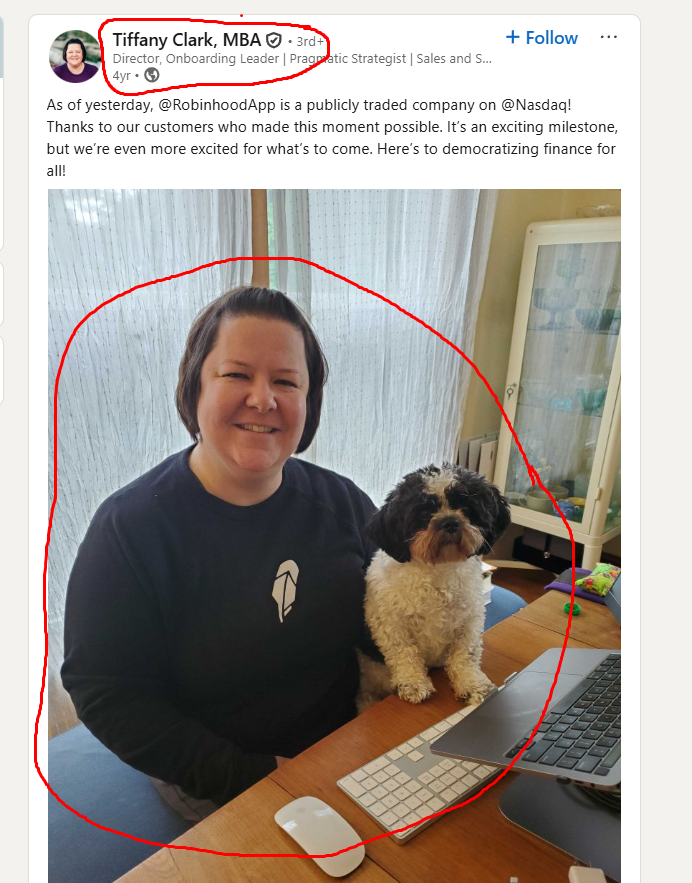 SolomonEVMarc's tweet photo. I found Izzy, the @RobinhoodCrypto office dog. Izzy appears in posts by current and former Robinhood employees like the one by Tiffany Clark that I’m sharing below. Tiffany shared a photo of Izzy in the robinhood office on her LinkedIn profile.

https://t.co/gbocd4jbf3

https://t.co/0FAZ6ChBzb

In the comments, you’ll find Chinsin Sim the same person who took a photo with Bacon, the other RH office corgi along with Hanna Neisz and Cody Dawkins (all former employees), THEY ARE ALL  praising IZZY presence in the office. (Links and screenshots below.)

https://t.co/vk2q9XY9DS
https://t.co/RoMLbxUJXB
https://t.co/JTRsTA2kKh
Izzy is RobinHood office dog.
All the proof is here, Brodie reached MILIONS MCAP, IZZY WILL REACH MORE.
SENDING NOW