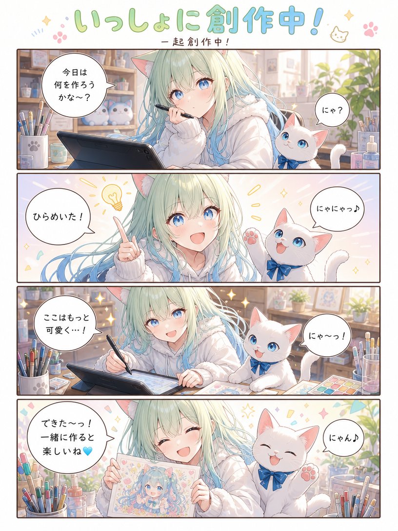 EyiIlCVMMP90157's tweet photo. #tpcomicPixAI
先ちゃんとにゃんこが、いっしょにアイデアを出しながら作品づくりに挑戦しました〜っ🎨🐾🩵

考えて、ひらめいて、わちゃわちゃしながら完成へ✨
ふたりで作る楽しさを描いた4コマ漫画です♪ https://t.co/ArzzqtC11Z