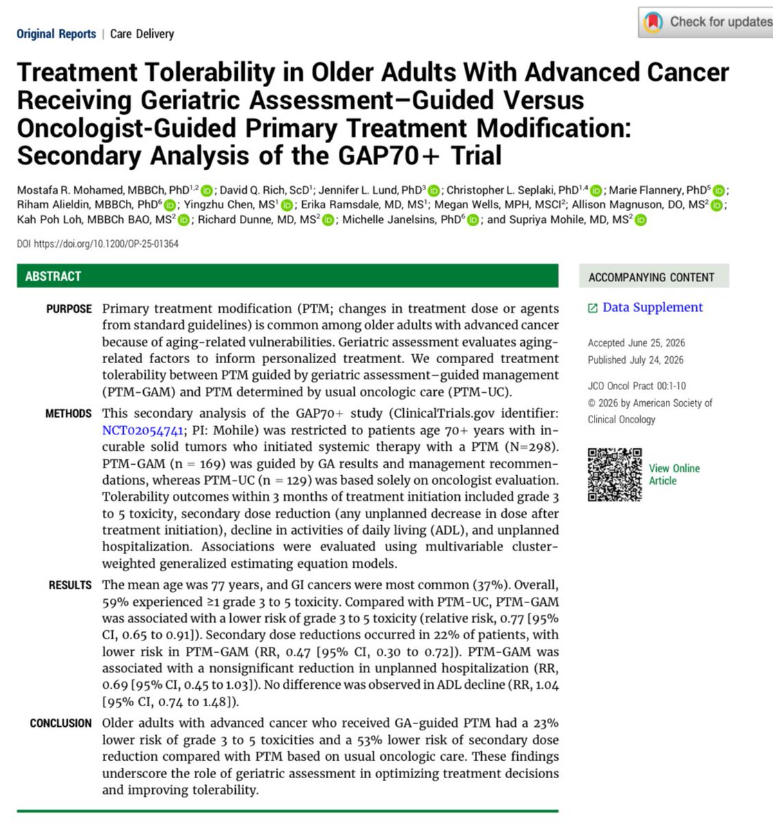 RyanNipp's tweet photo. Treatment Tolerability in Older Adults With Advanced #Cancer Receiving Geriatric Assessment–Guided Versus Oncologist-Guided Primary Treatment Modification: Secondary Analysis of the GAP70+ Trial.
https://t.co/LqTaZyK2zM
@ASCO @JCO_ASCO @JCOOP_ASCO
#GeriOnc #SuppOnc #Geriatrics https://t.co/iMR2Hzpc24