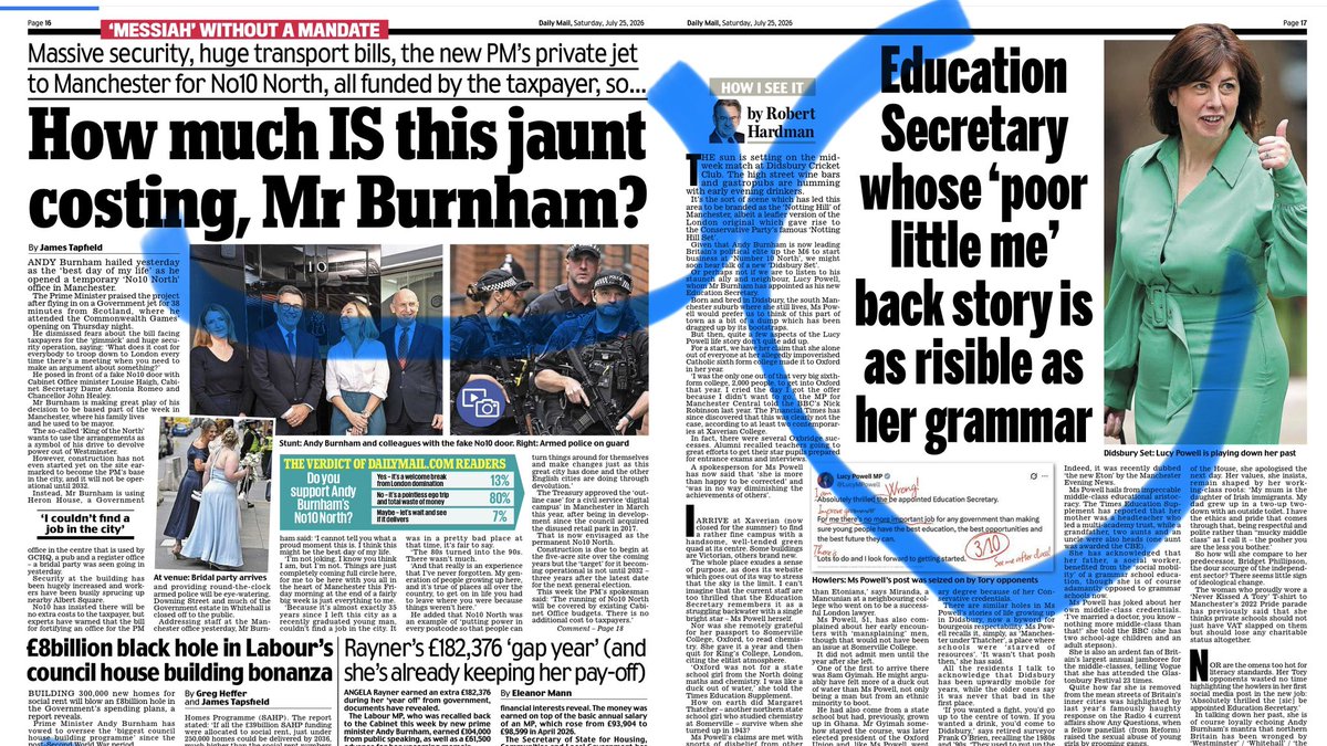 davidyelland's tweet photo. What a mean-spirited first edition of Daily Mail tonight, including their grandest public school educated columnist - the King’s official biographer no less - sent up to Lucy Powell’s Manchester state school to take the piss and poke holes… should we not celebrate her rise? These people have no idea what it is like to be an outsider like she was… so what if she made an error in her grammar… for heaven’s sake…