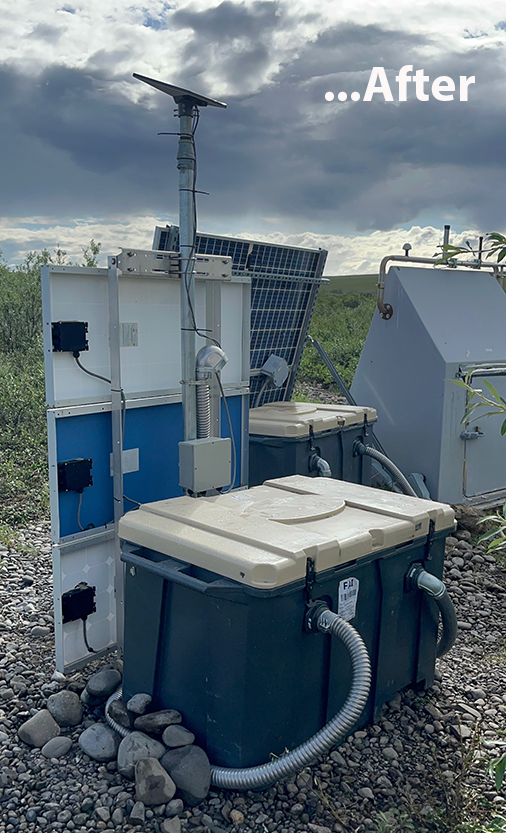 AKearthquake's tweet photo. It’s #FieldworkFriday! Making field repairs to our stations requires a wide range of skills, and this year’s visit to D24K also included carpentry! Our station at Happy Valley Camp on the North Slope is close to the Sagavanirktok "Sag" River, an area prone to flooding. When field engineer Celia Chmielowski and field manager Carolyn Parcheta arrived, the lithium batteries in the hut were wet and nonfunctional (you can see the waterline on the interior hut wall). North Slope seismic stations like D24K rely on lots of batteries to function as long as possible into the long, dark winter when solar panels no longer provide enough power.
A waterproof cooler outside the hut protected other lithium batteries, so the team installed a second cooler for new lithium batteries and built a wooden platform in the hut to keep the AGM batteries inside high and dry. While connecting the new power source, “A crazy thunderstorm came up suddenly. The lightning wasn't close enough to be dangerous, but it was pouring rain. Then, as soon as we finished, it stopped raining,” Chmielowski said. With fewer batteries inside the hut, they added rocks to act as ballast to keep the hut anchored in case of future flooding.