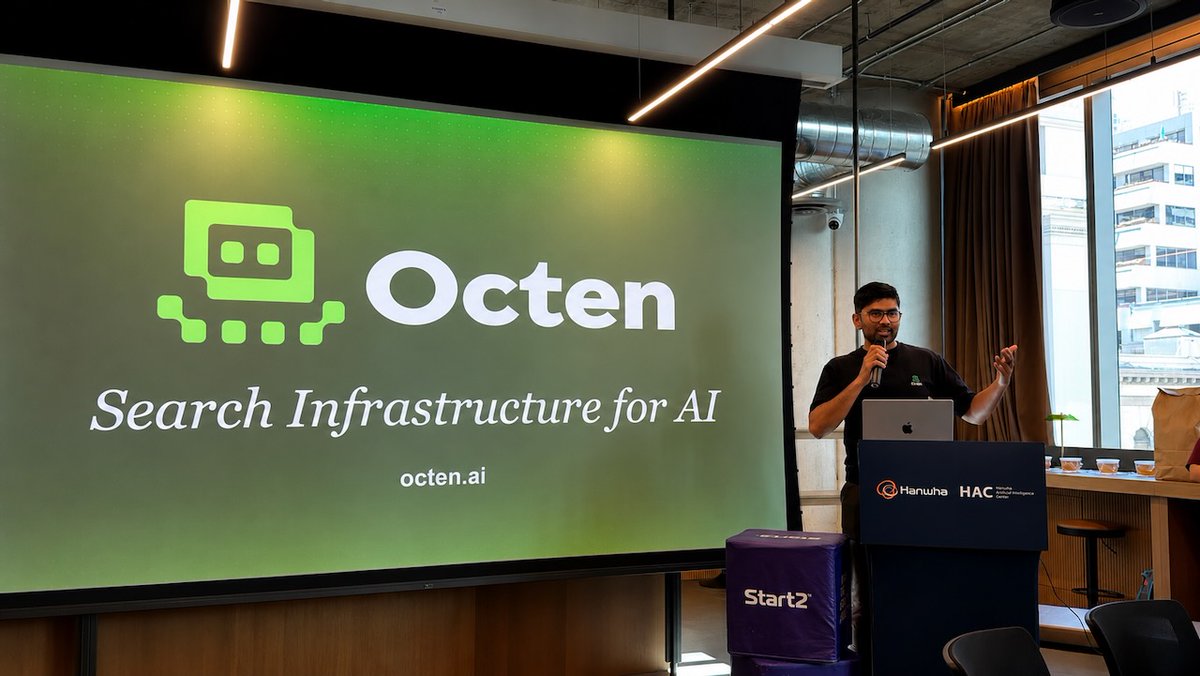 thedevchandra's tweet photo. Last night, I showed off @OctenAI at the OpenAI hackathon with @Zendesk, then helped judge 5 impressive finalists. It was fun to share the stage with @Sarahfim of @Composio. And the best part was that devs kept saying the same thing: our search is crazy fast! https://t.co/clDuhnghmD