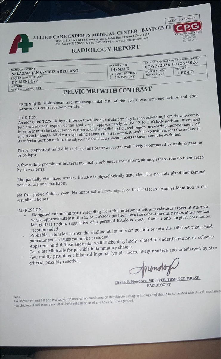 yayamanbless's tweet photo. To everyone with a kind heart,

I want to share a genuine update about my child’s condition. Yesterday, we received the MRI results, and my child needs surgery for an anal fistula. Without surgery, the infection can worsen and create more fistula tracts.

Please keep my child in your prayers. I’m praying that God will make a way for us to have the surgery as soon as possible.

Thank you to everyone who continues to pray for and support our family. God bless you all. ❤️🙏