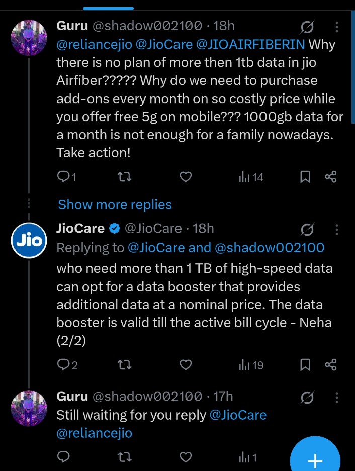 shadow002100's tweet photo. @JioCare @reliancejio @JIOAIRFIBERIN am I mad for expecting a back reply from you???? If you don't know how to deal with customers then leave your job https://t.co/juY4ng1Mvv