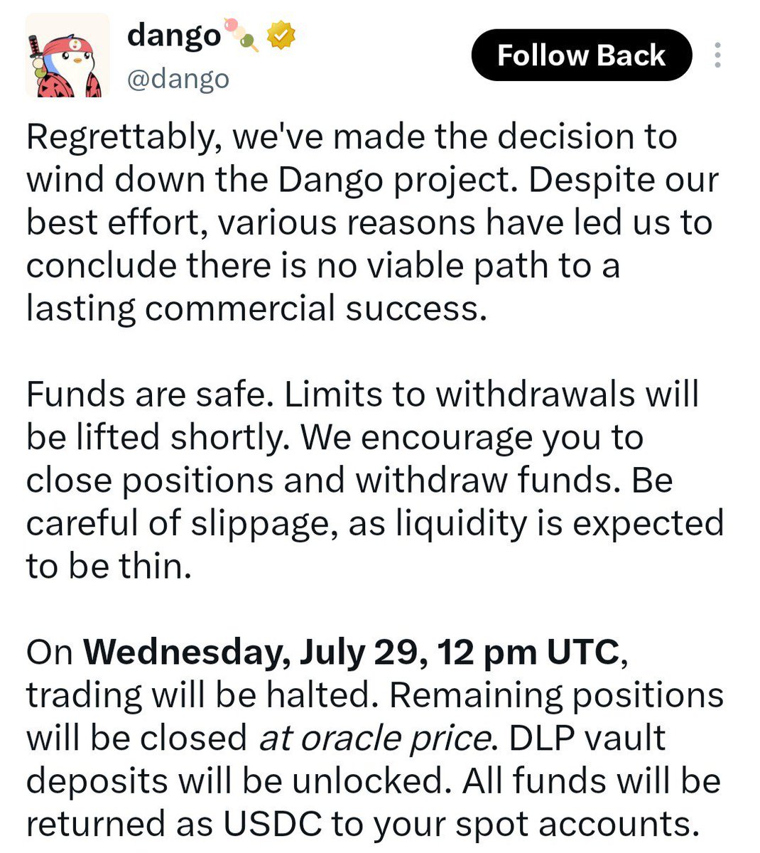 CryptoTeluguO's tweet photo. 🪦 @dango Shutting down

😬TGE in Q4
🤷But shutdown in Q3

🫠Disappointed
🧑‍🌾Farm community for fee &amp; vanish before TGE

💀Won't be surprised if few more low volume perp follow the same path

💙Like
🔁RT https://t.co/1PuqR9gGTl