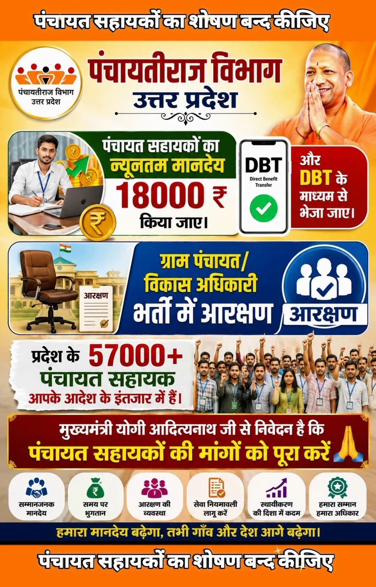 raviprakash212's tweet photo. UP पंचायत सहायकों का मानदेय बढ़ाओ और पद को स्थायी करो , DBT से पेमेंट दो , ग्राम पंचायत/विकास अधिकारी भर्ती में आरक्षण दो । 

@myogiadityanath @uppanchayatiraj @PMOIndia @CMOfficeUP @UPGovt @oprajbhar @kpmaurya1 @brajeshpathakup @Manojkmr_singh @BhimArmyChief @yadavakhilesh https://t.co/Sr7VIG1Gwg