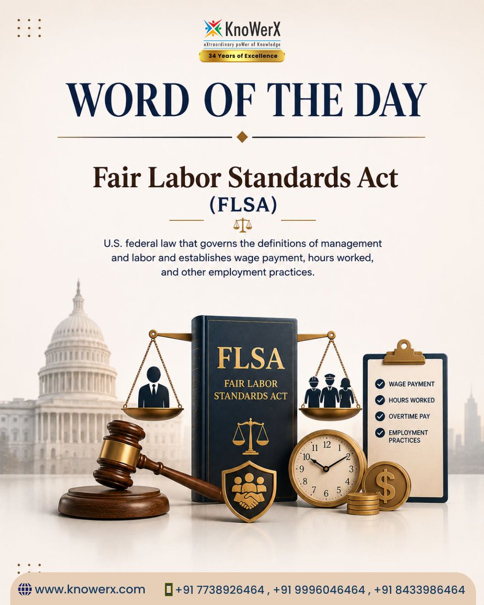 KnoWerX's tweet photo. 📘 Word of the Day: FLSA
The Fair Labor Standards Act (FLSA) establishes U.S. standards for minimum wage, overtime pay, hours worked, and employment practices.
🌐 https://t.co/IEu6FLFgRZ
#WordOfTheDay #FLSA #SupplyChain #SCM #KnoWerX https://t.co/kxmhp7RlUb