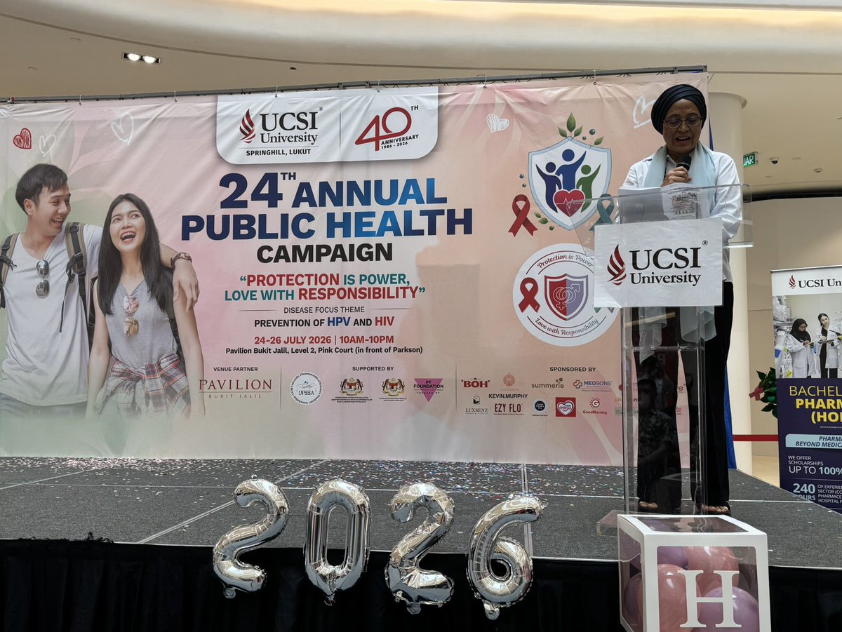 DGHisham's tweet photo. This morning, I attended the Opening Ceremony of the UCSI University 24th Annual Public Health Campaign (PHC) 2026, hosted at the Pink Court, Level 2, Pavilion Bukit Jalil.

As one of the university’s flagship community outreach programmes, the campaign is committed to promoting preventive healthcare, healthy lifestyles, and overall community wellness. Running from 24 to 26 July 2026, this year's initiative carries the theme "Protection is Power, Love with Responsibility," with a dedicated focus on HPV and HIV prevention through awareness, early detection, and accountable health practices.

Over the three-day event, attendees can take advantage of a broad array of complimentary health services and educational activities. Free health screenings will be available for HIV, Syphilis, Hepatitis C, blood glucose, blood pressure, cholesterol, body fat, and waist circumference.

In addition, registered pharmacists will be on-site to provide personalised consultations, including:
· Brown Bag Medication Reviews (simply bring all your medications, vitamins, and herbs in one bag)
· Medication optimisation and guidance on safe medicine use
· Checks for potential drug, herb, and supplement interactions
· Tailored advice on lifestyle, nutrition, and weight management
· Support for managing diabetes, blood pressure, and cholesterol
· Smoking cessation counselling and preventive healthcare guidance
· Help with interpreting your health screening results
· Personalised pharmacy recommendations to meet your unique needs