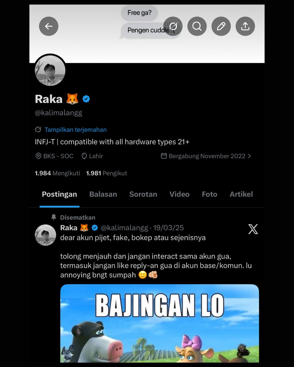 Kalimalangg's tweet photo. [ MEMANGGIL SELURUH MUTUAL LAMA RAKA ]

mau ngasih info kalo akun lama gua @Kalimalangg lagi diculik sama kang Melon, dan username nya diganti jadi @Jensen__Facto5_, bahkan gua juga diblock sama anomali satu ini, untung username yang lama masih bisa diambil

jadi buat siapa pun yang ngeliat ini (ntah mutual lama atau bukan), gua mau ngajak kalian migrasi ke akun ini, biar bisa ngeramein timeline kalian, biar bisa JB JB lagi, atau biar bisa ngobrol di DM juga

sebenernya gua juga udah beberapa kali ngirim laporan ke pihak X buat minta akses akun, tapi kemungkinan nya kecil buat bisa balik lagi

jadi kalo kalian ngeliat akun lama gua masih berkeliaran, feel free buat unfoll, block, atau report aja. terus kalo ada aktivitas apa pun (ntah DM, tweet, mention, atau interaksi lainnya) dari akun itu, bisa didiemin aja, karna itu bukan gua

thank u gaiss, kita mulai lagi dari nol... 🥲✊🏽