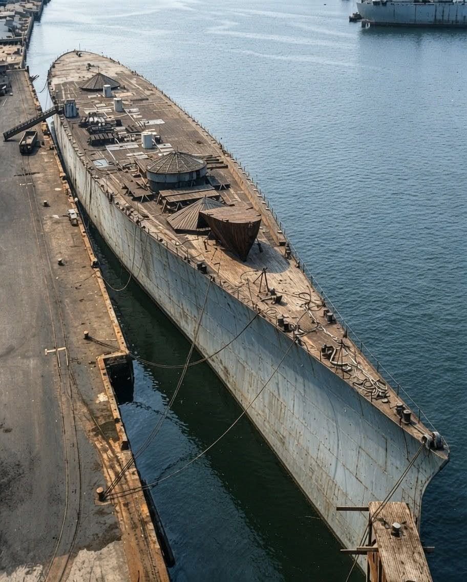 RayBurtonSAS's tweet photo. The never-completed hull of Iowa-class battleship USS Kentucky (BB-66), photographed in March 1955—about a year before the Navy removed her bow for transplant to USS Wisconsin (BB-64).

Kentucky was laid down in 1942 but construction was suspended before the battleship could be completed. Her unfinished hull remained at the Norfolk Naval Shipyard for years, a silent reminder of a warship that would never enter service.

Then, in 1956, USS Wisconsin suffered serious damage to her bow after colliding with the destroyer USS Eaton. Rather than build an entirely new bow from scratch, the Navy turned to Kentucky. A massive section of the unfinished battleship’s bow was cut away, transported, and fitted onto Wisconsin.

The never-completed Kentucky would never fire a shot—but part of her ultimately went to sea aboard her sister ship.
