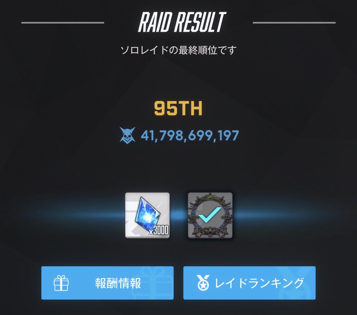 03or71059's tweet photo. ソロレイド95位✌️
前回鉄甲156位から記録更新
灼熱以外で100位以内初入賞できた✨ https://t.co/9Zvs4xy265
