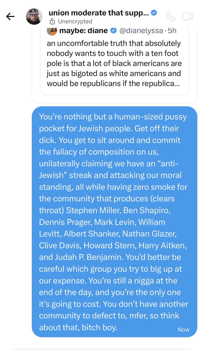 Babycoltrane4's tweet photo. You bitch ass negrocrat I’d spit on you @reesetheone1 https://t.co/B8JtJBz9OS