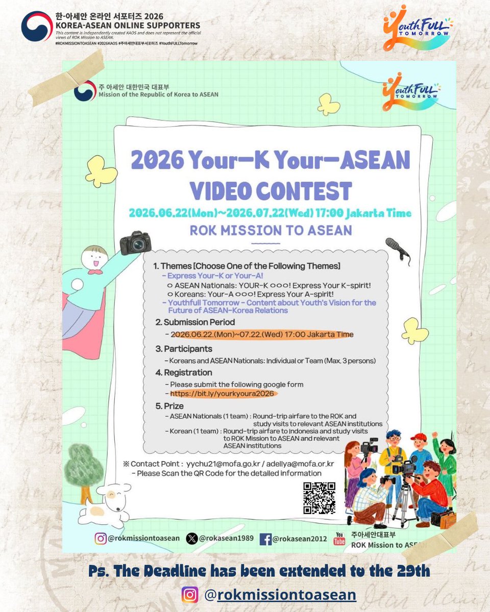 sanniebestboy99's tweet photo. If you're a fan of Korean culture and dream of visiting South Korea, this is your chance! 🇰🇷✨
Join these exciting contests and showcase your creativity for a chance to win the grand prize: a trip to South Korea! #2026KAOS #YouthFULLTomorrow
@ROKASEAN1989 @mofa_koreaz https://t.co/yhqxzEU7u3