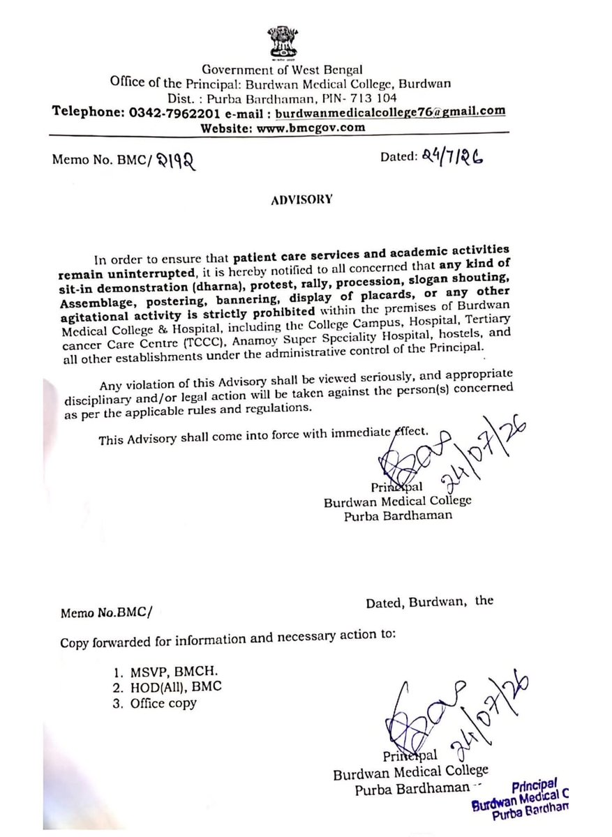 Indian__doctor's tweet photo. The Principal of Burdwan Medical College has reportedly warned students of disciplinary action if they participate in the protest!!

• If someone leaks an exam paper and destroys your future, wouldn't you protest?

• If every year #NEET-PG faces protests over transparency and alleged irregularities, yet no meaningful accountability follows, should students and doctors simply remain silent?

Is it justified ?
#MedTwitter @BJP4India @AamAadmiParty @INCIndia