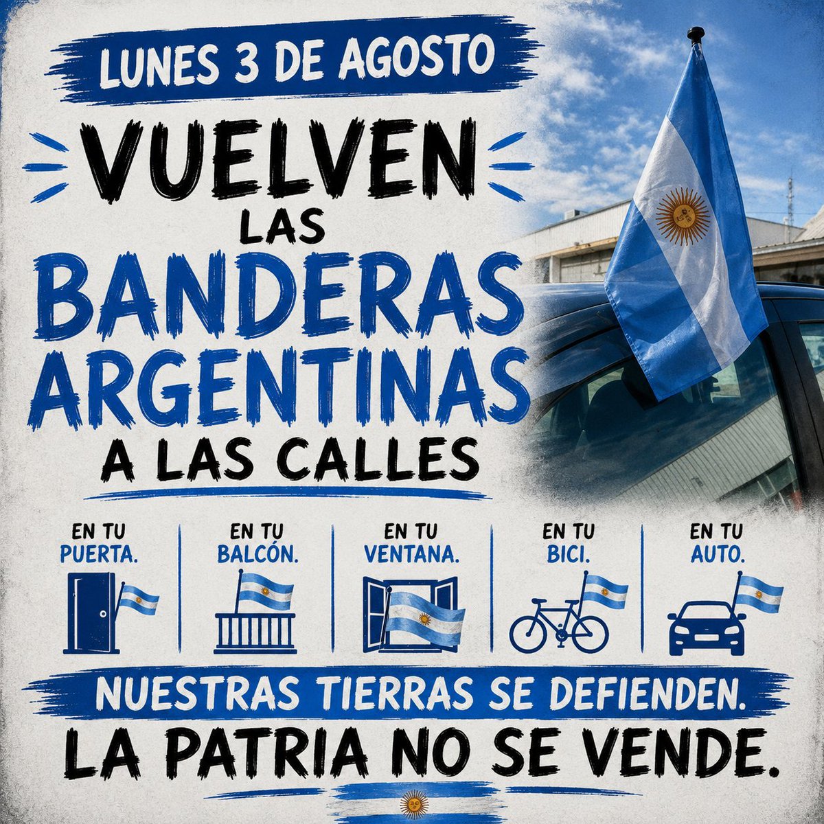 VaneGray's tweet photo. VUELVEN LAS BANDERAS 🇦🇷

📆 Lunes 3 de Agosto.

Las banderas Argentinas vuelven a las calles.
En tu puerta, en tu balcón, en tu ventana, en la bici o en el auto.

El 6 de Agosto en el Congreso NO debe permitirse la venta de Nuestras Tierras. 

#LAPATRIANOSEVENDE #BANDERAZO https://t.co/OHYHyEpuwE